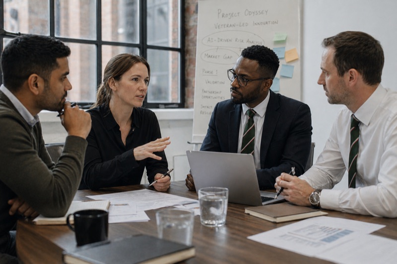 Veteran-led business team collaborating around a meeting table