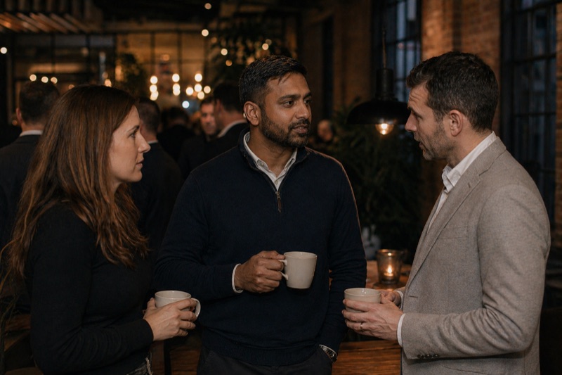 Network members in conversation at a professional networking event